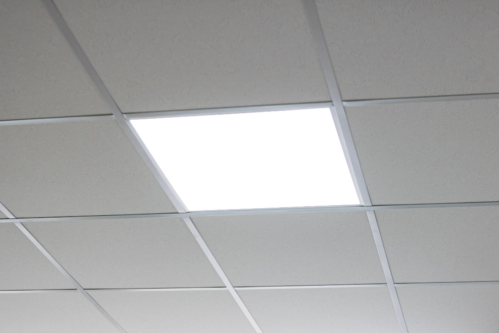 square lamps tiled ceiling closeup