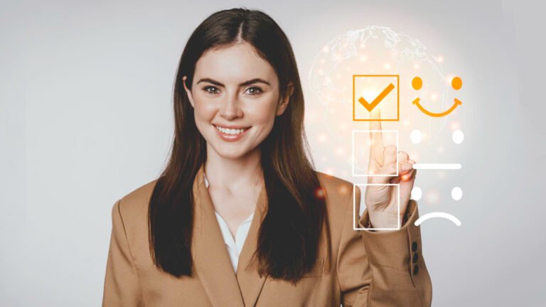 young business woman checking satisfaction checklist box copy space
