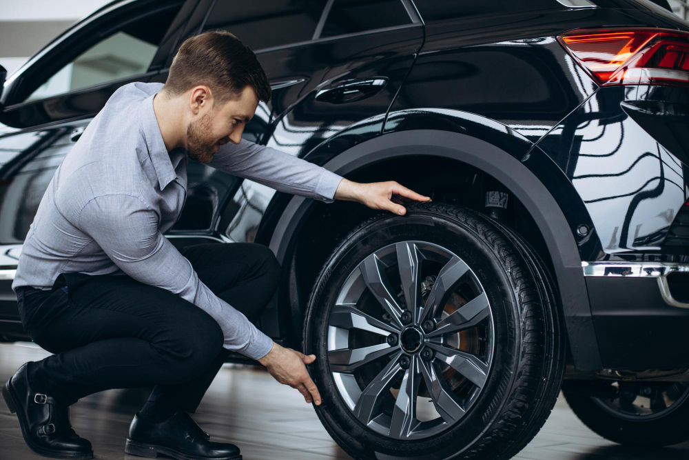 man choosing car checking tires 1