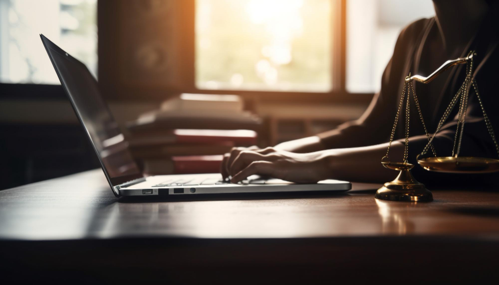Quais são os itens para montar um escritório? 4 uma mulher digitando no laptop no escritorio gerado pela ia